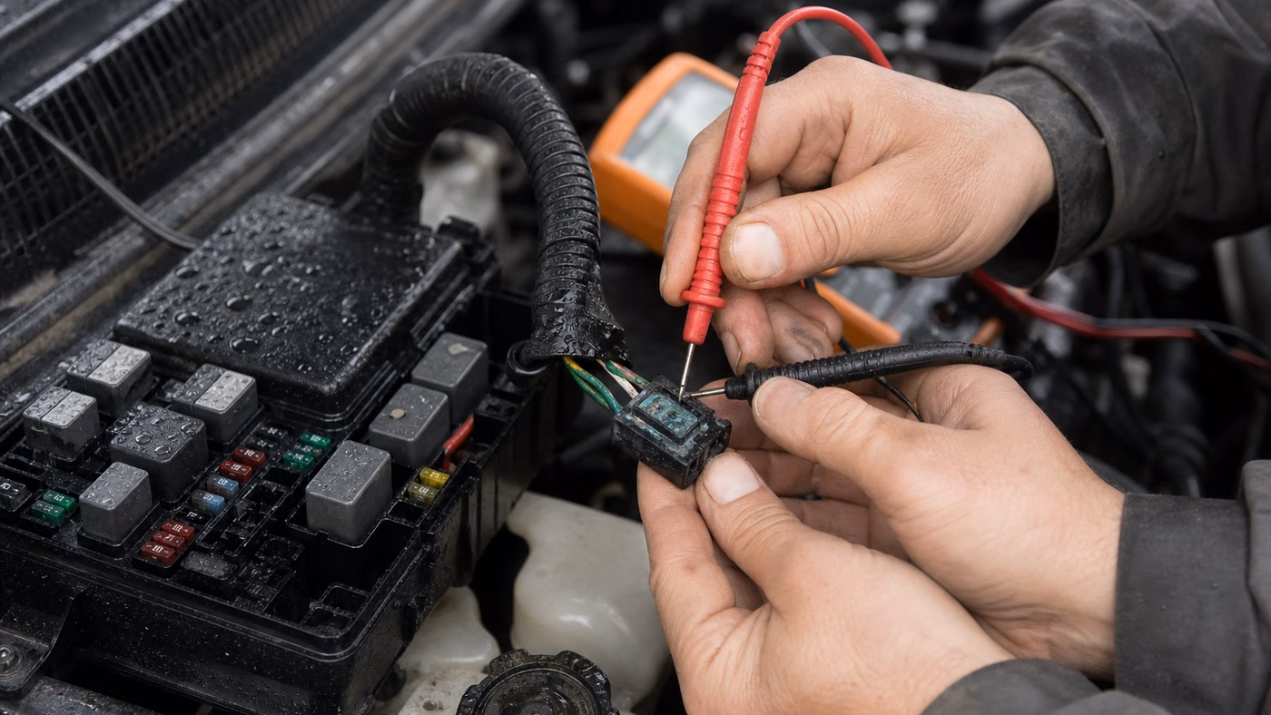Revisión de conector automotriz con humedad y corrosión en Ciudad Juárez