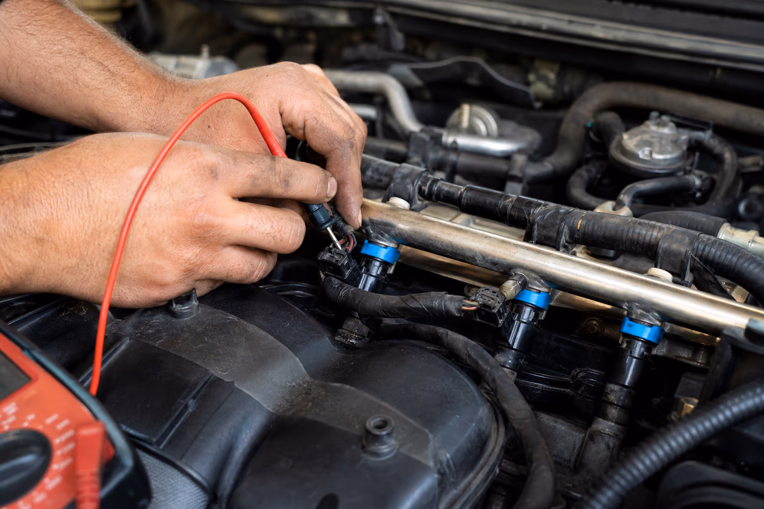 Revisión de conectores de inyectores y arnés de fuel injection con multímetro